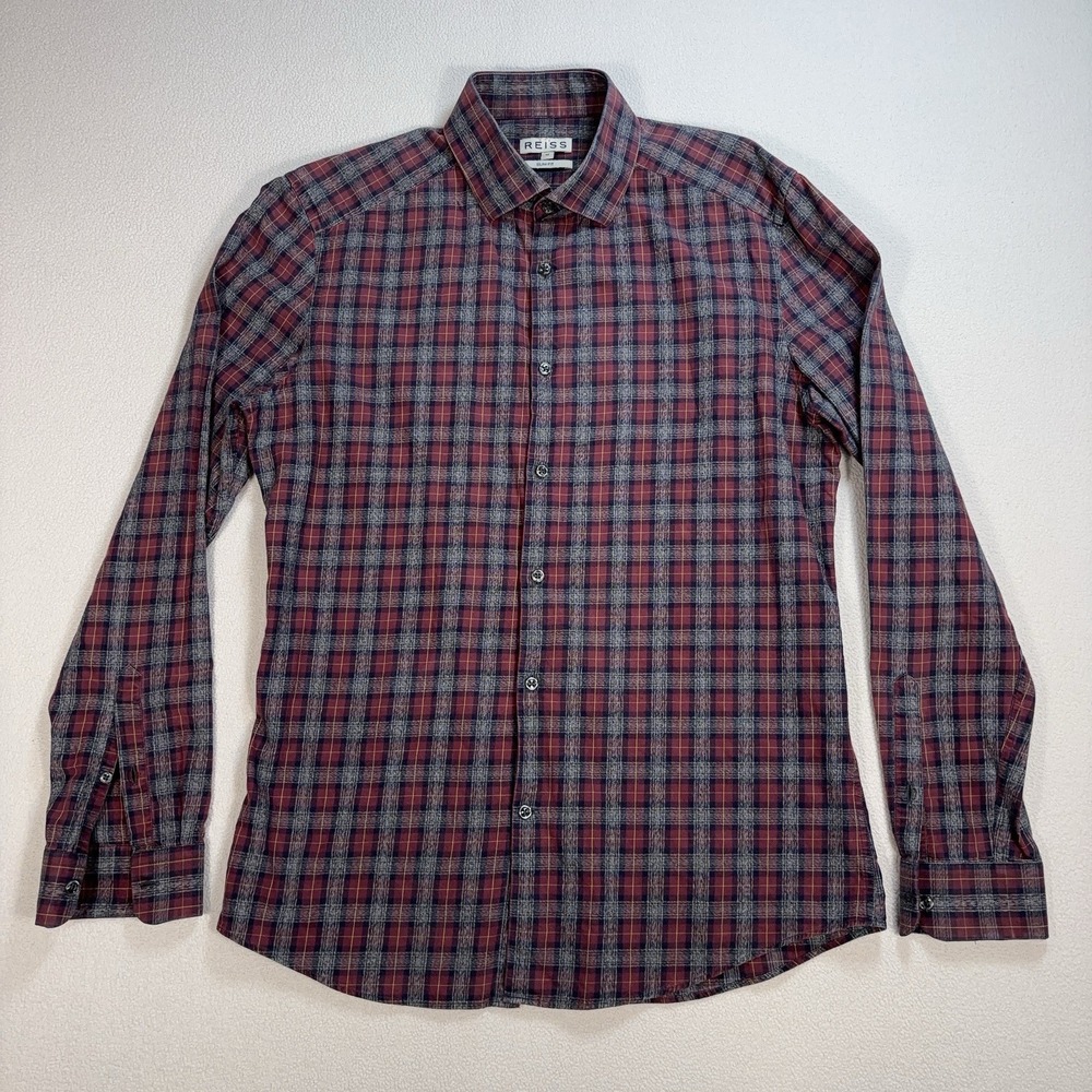 Reiss Yves Slim Fit Shirt Men's M Red Tartan Plaid Check 100% Cotton Button Down